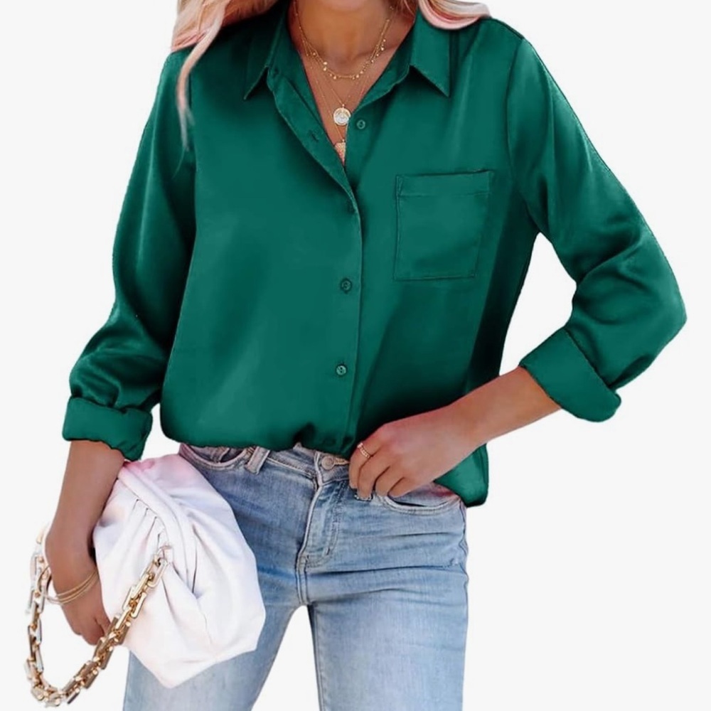 Women’s Green Satin Button-Up Shirt, Size Large